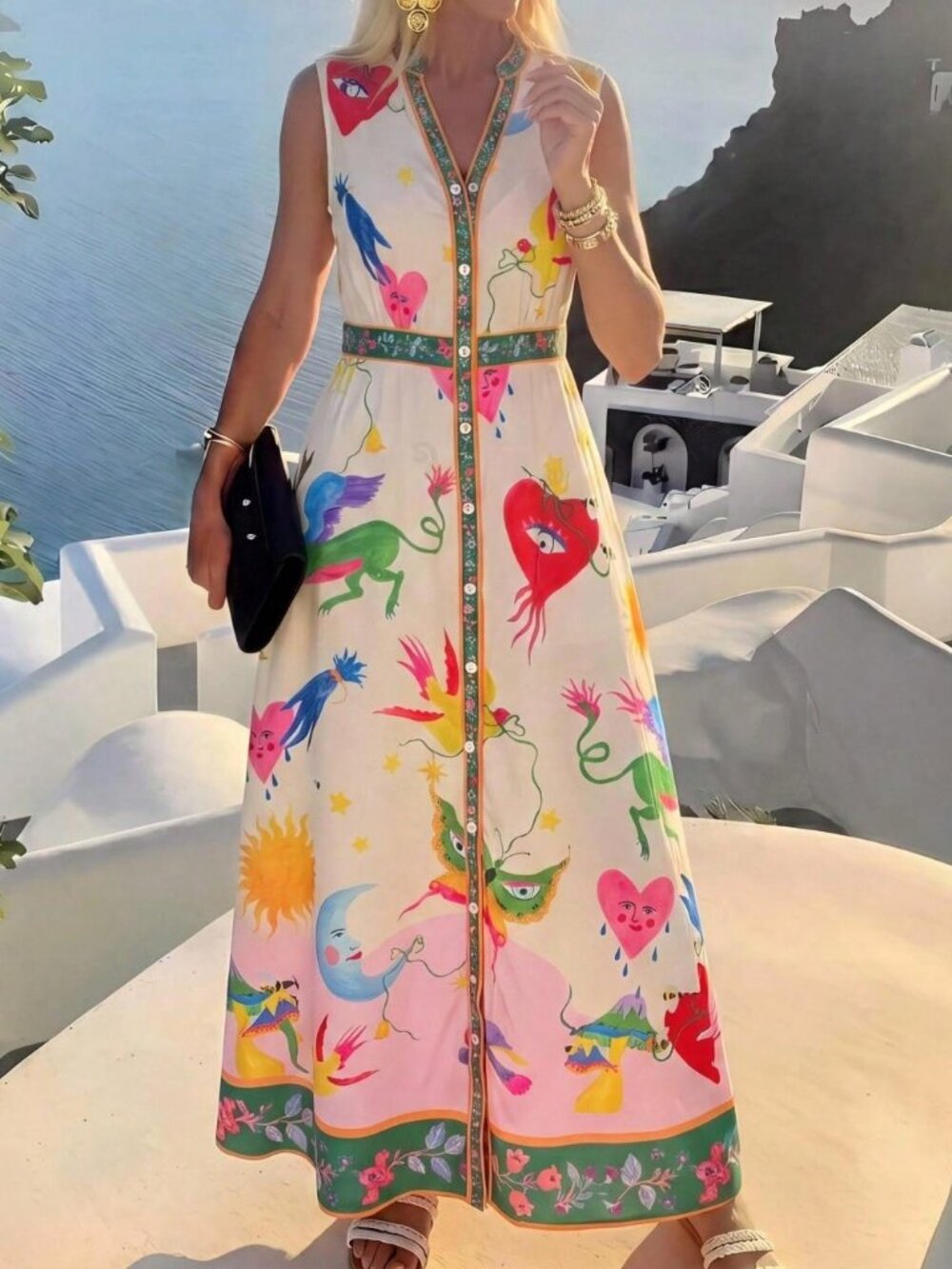 Multicolor Boho Women's Print Button Down Dress